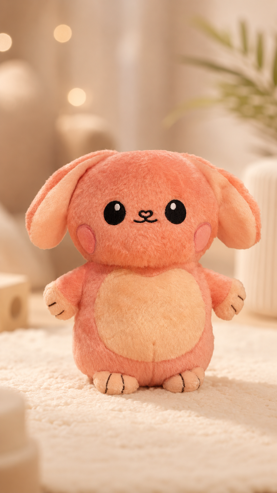 A soft pink Glow Buddy bunny plush sitting on a cream blanket in a warm, sunlit room.
